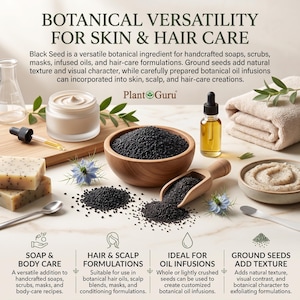 May include: A display of black seeds in a wooden bowl with a wooden scoop, a glass jar of cream, a dropper bottle of oil, two bars of speckled soap, a small bowl of scrub, and blue flowers. Text reads: BOTANICAL VERSATILITY FOR SKIN & HAIR CARE.