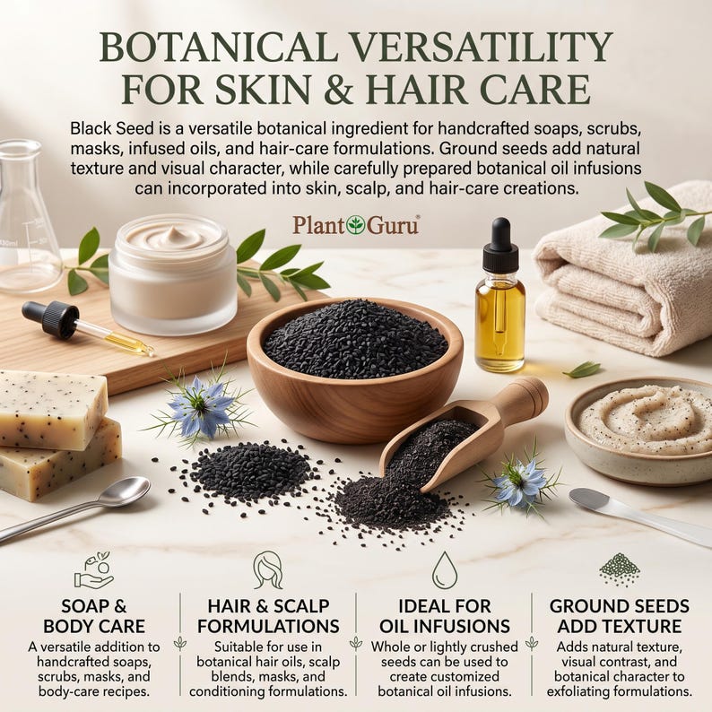 May include: A display of black seeds in a wooden bowl with a wooden scoop, a glass jar of cream, a dropper bottle of oil, two bars of speckled soap, a small bowl of scrub, and blue flowers. Text reads: BOTANICAL VERSATILITY FOR SKIN & HAIR CARE.