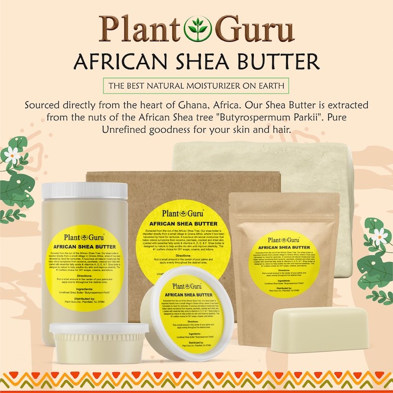 Może przedstawiać: Zestaw czterech pojemnik&oacute;w z nierafinowanym masłem shea z Afryki, zapakowanych w r&oacute;żnych rozmiarach. Pojemniki są oznaczone etykietą "Plant Guru African Shea Butter" i mają zielone logo liścia. Produkt jest opisany jako "Najlepszy naturalny nawilżacz na świecie".