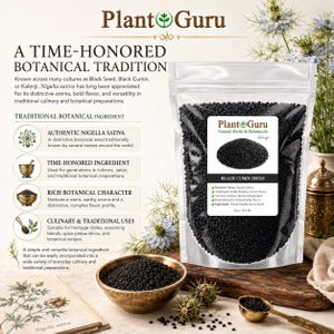 May include: A clear resealable pouch filled with black cumin seeds, labeled Plant Guru Black Cumin Seeds 8 oz / 0.5 lb. The packaging features text describing Nigella sativa, alongside a brass bowl of seeds and a small brass measuring spoon.