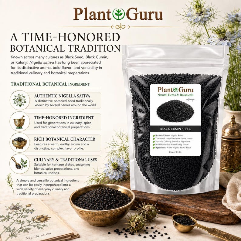 May include: A clear resealable pouch filled with black cumin seeds, labeled Plant Guru Black Cumin Seeds 8 oz / 0.5 lb. The packaging features text describing Nigella sativa, alongside a brass bowl of seeds and a small brass measuring spoon.
