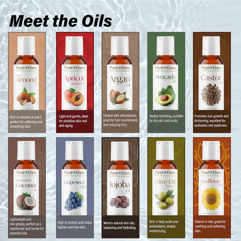 May include: A colorful collage of ten bottles of Plant Guru 100% Pure & Natural oils. Each bottle features a different oil, including almond, apricot kernel, argan, avocado, castor, coconut, grapeseed, jojoba, olive, and sunflower. The bottles are arranged in two rows of five, with each bottle showcasing a relevant image of the oil's source.
