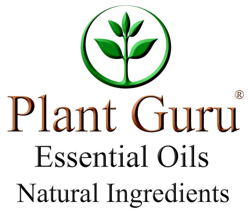 May include: The Plant Guru logo features a green plant inside a green circle, above the words "Plant Guru" in brown. Below, the text reads "Essential Oils" and "Natural Ingredients" in black, indicating a focus on natural essential oil products.