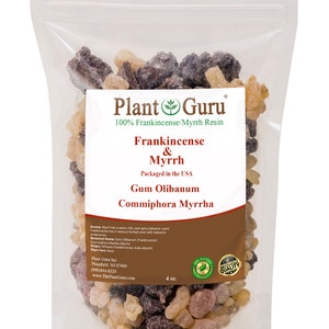 May include: A clear plastic bag filled with brown, tan, and black frankincense and myrrh resin. The bag has a label that reads "Plant Guru" and "100% Frankincense/Myrrh Resin". The label also includes the text "Frankincense & Myrrh", "Gum Olibanum", and "Commiphora Myrrha". The bag is 4 ounces.