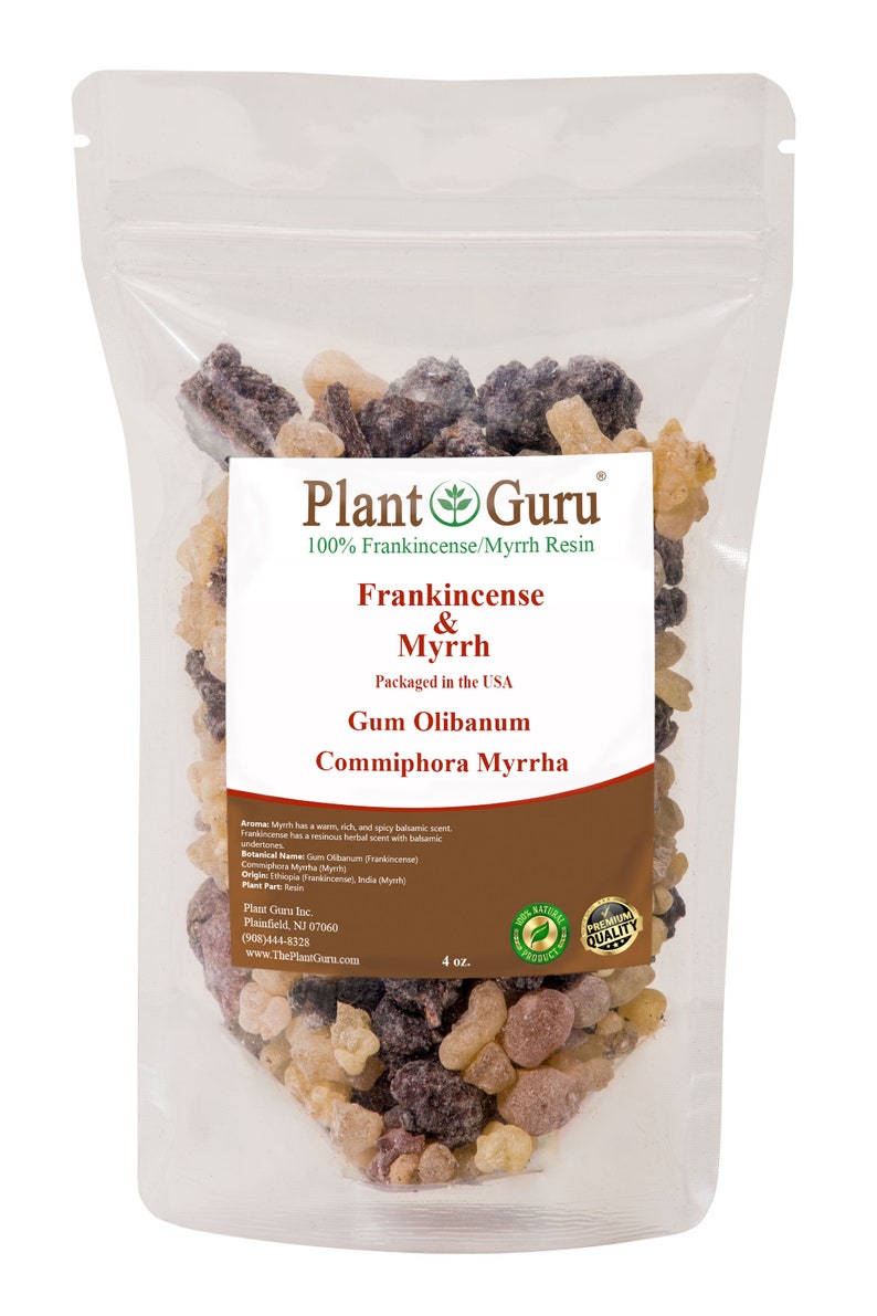 May include: A clear plastic bag filled with brown, tan, and black frankincense and myrrh resin. The bag has a label that reads "Plant Guru" and "100% Frankincense/Myrrh Resin". The label also includes the text "Frankincense & Myrrh", "Gum Olibanum", and "Commiphora Myrrha". The bag is 4 ounces.