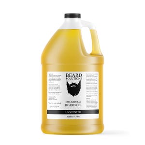 May include: A large yellow plastic jug of unscented beard oil. The label reads "BEARD SOLUTIONS 100% NATURAL BEARD OIL". The jug has a black cap and a white handle. The jug contains 1 gallon or 7.5 lbs of beard oil.