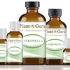 May include: Four amber glass bottles of Plant Guru 100% Pure Essential Oil Citronella, Cymbopogon Winterianus, Therapeutic Grade. The bottles are labeled with the size in fluid ounces: 1/3, 1, 2, and 4.