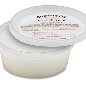 May include: A white plastic container with a white lid. The lid has a brown label that reads "Coconut Oil Extra Virgin Plant Guru 100% Natural". The label also includes a list of uses and benefits of coconut oil.