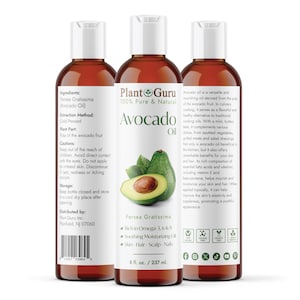 May include: Three brown bottles of Plant Guru Avocado Oil. Each bottle has a white cap and a label with text and an avocado illustration. The label states the oil is 100% pure and natural, and contains 8 fl oz / 237 ml.