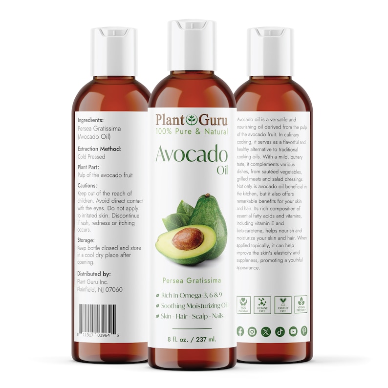 May include: Three brown bottles of Plant Guru Avocado Oil. Each bottle has a white cap and a label with text and an avocado illustration. The label states the oil is 100% pure and natural, and contains 8 fl oz / 237 ml.