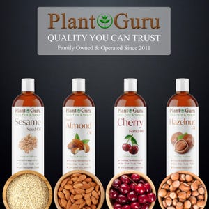 May include: Four bottles of Plant Guru oils, including Sesame Seed Oil, Sweet Almond Oil, Cherry Kernel Oil, and Hazelnut Oil. Each bottle is labeled with the product name and has a white cap. Bowls of seeds, almonds, cherries, and hazelnuts are below.