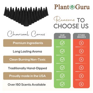 May include: An image of black charcoal cones arranged in a row. The image includes text that reads "Plant Guru" and "Reasons to Choose Us." The text also highlights features such as "Premium Ingredients" and "Clean Burning Non-Toxic."