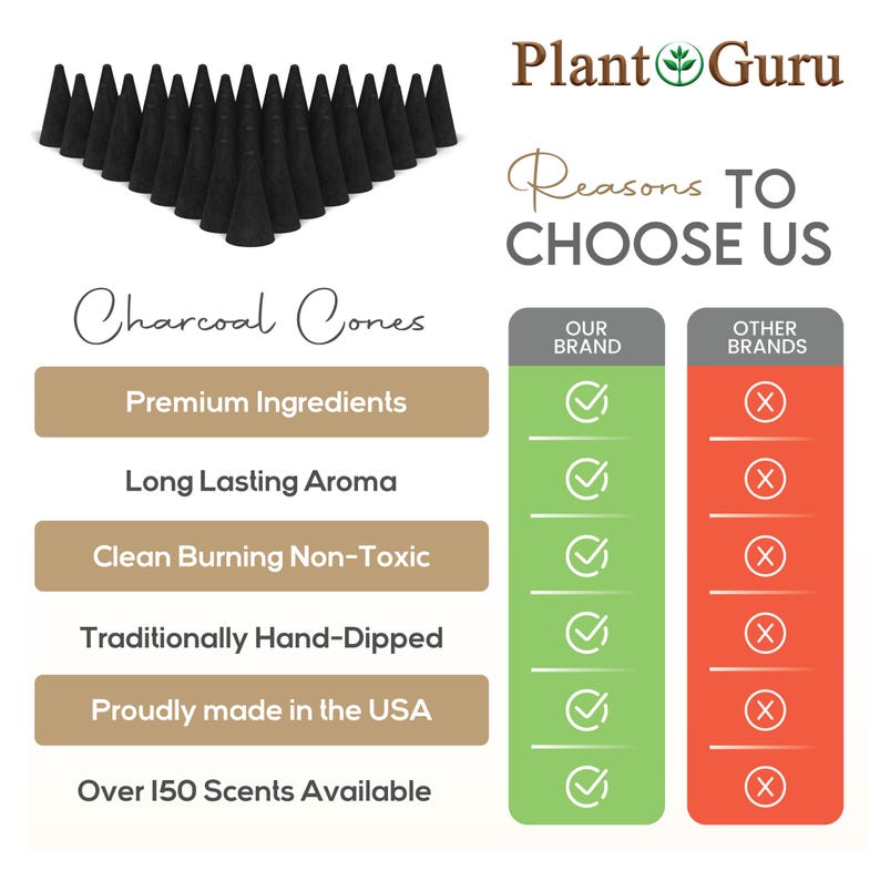 May include: An image of black charcoal cones arranged in a row. The image includes text that reads "Plant Guru" and "Reasons to Choose Us." The text also highlights features such as "Premium Ingredients" and "Clean Burning Non-Toxic."