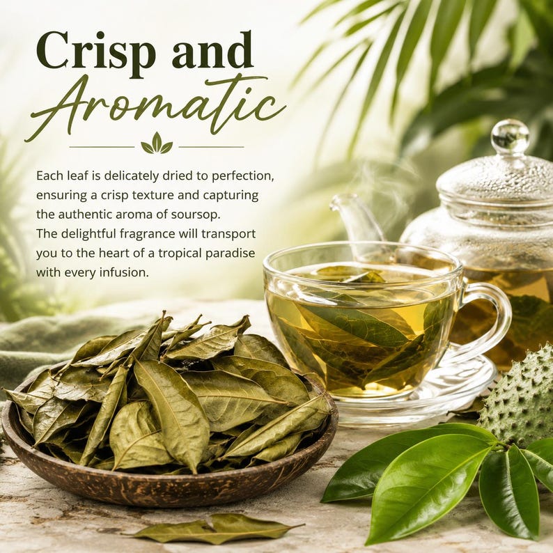 May include: A bowl of dried soursop leaves next to a glass cup of tea and a glass teapot. The text reads: Crisp and Aromatic. Each leaf is delicately dried to perfection, ensuring a crisp texture and capturing the authentic aroma of soursop.