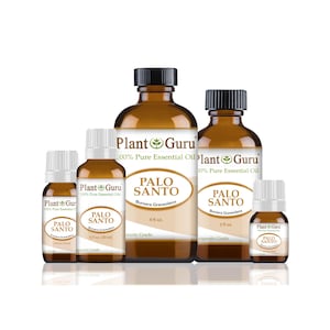 May include: An assortment of amber-colored glass bottles of Palo Santo essential oil. The bottles vary in size, with black caps and white labels featuring the text "Plant Guru" and "Palo Santo". The labels also indicate the volume of oil in fluid ounces.