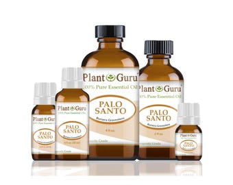 May include: An assortment of amber-colored glass bottles of Palo Santo essential oil. The bottles vary in size, with black caps and white labels featuring the text "Plant Guru" and "Palo Santo". The labels also indicate the volume of oil in fluid ounces.