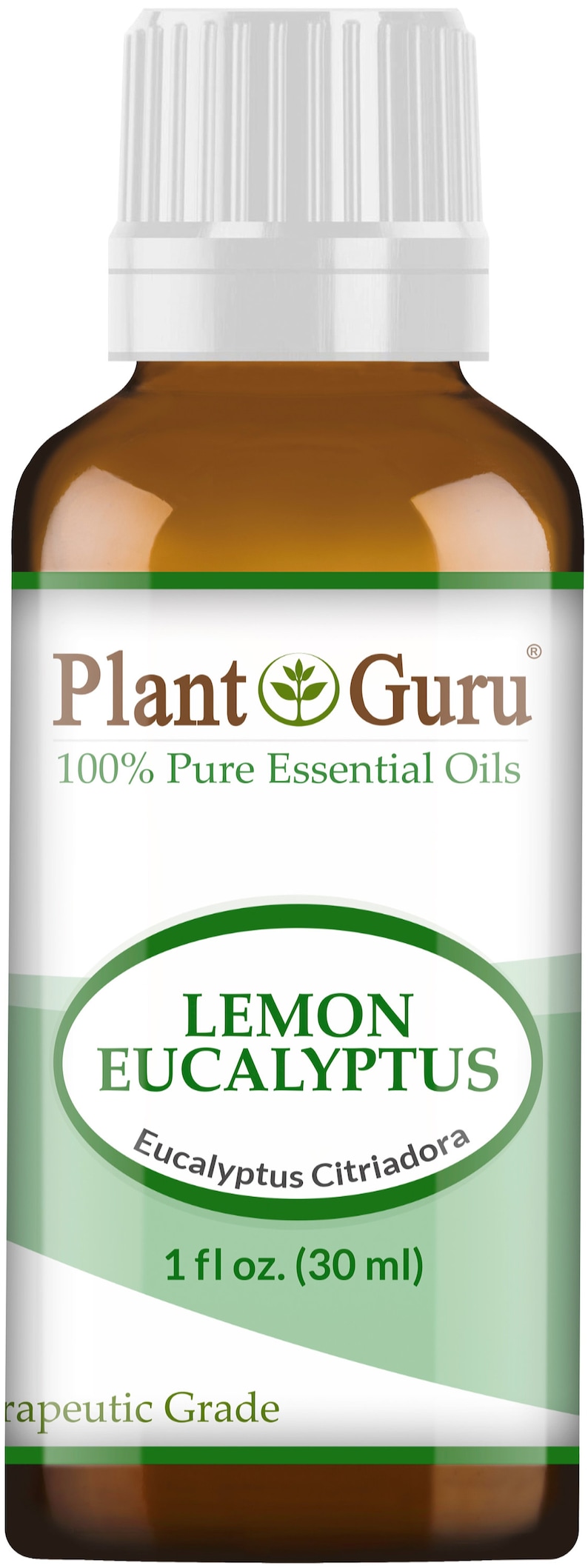 Op de afbeelding: Bruine glazen fles met essenti&euml;le olie van Plant Guru Lemon Eucalyptus. Het etiket luidt "100% Pure Essential Oils" en "Lemon Eucalyptus Eucalyptus Citriadora". De fles bevat 30 ml olie van therapeutische kwaliteit.