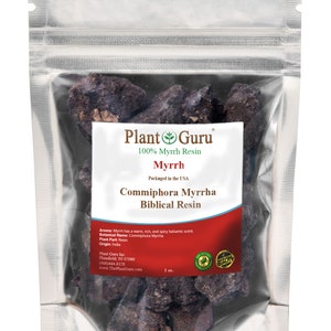 May include: A resealable pouch containing 1 ounce of dark brown myrrh resin. The label reads "Plant Guru 100% Myrrh Resin Myrrh Packaged in the USA Commiphora Myrrha Biblical Resin".