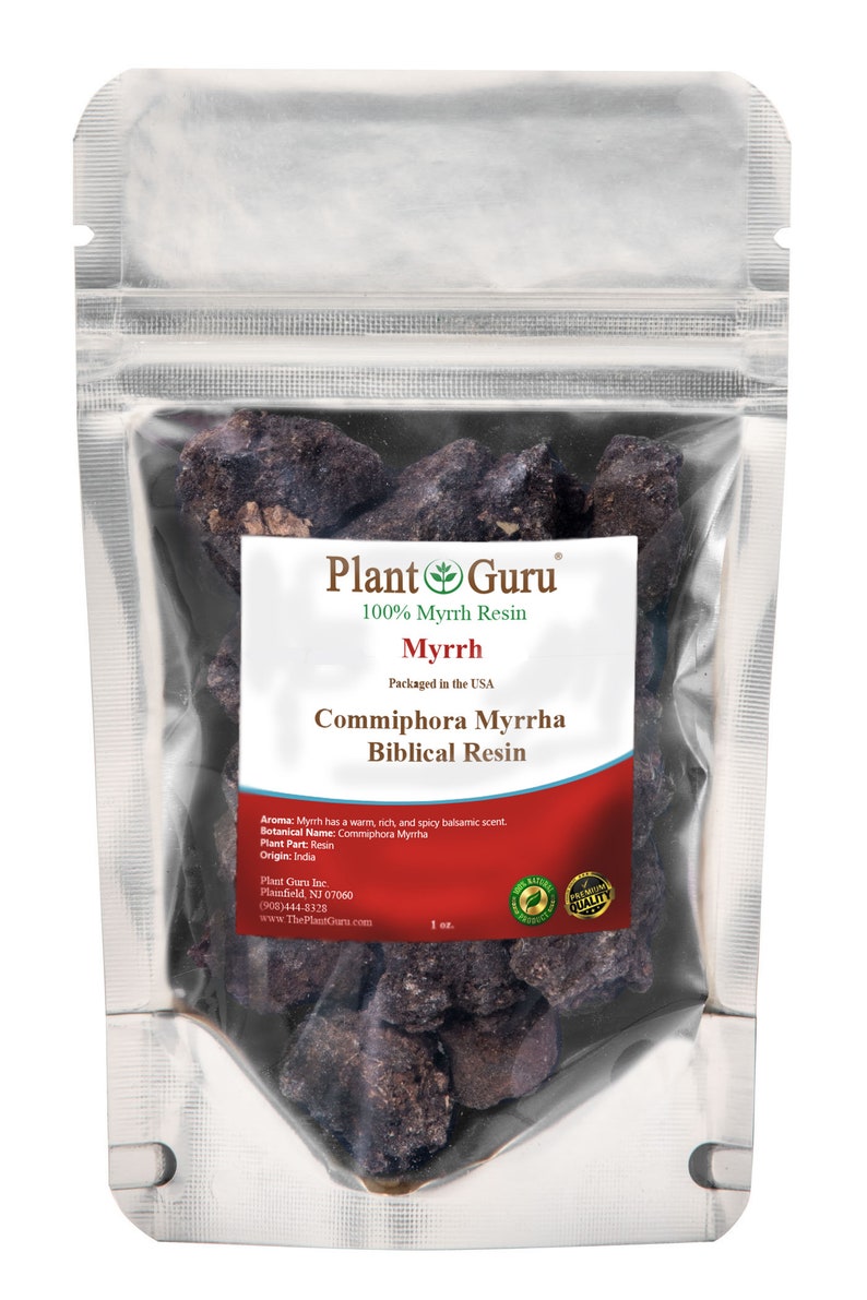 May include: A resealable pouch containing 1 ounce of dark brown myrrh resin. The label reads "Plant Guru 100% Myrrh Resin Myrrh Packaged in the USA Commiphora Myrrha Biblical Resin".