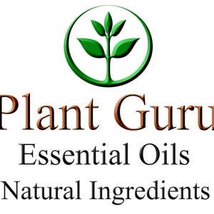 May include: A logo for "Plant Guru" featuring a green plant icon inside a green circle. Below the icon, the text reads "Plant Guru", "Essential Oils", and "Natural Ingredients" in a brown and black font against a white background.