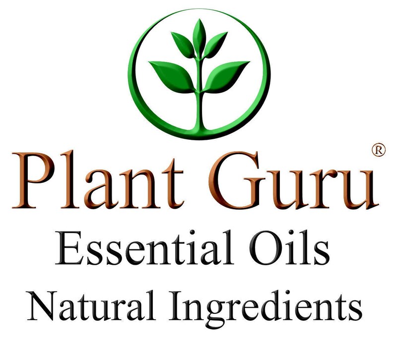 May include: A logo for "Plant Guru" featuring a green plant icon inside a green circle. Below the icon, the text reads "Plant Guru", "Essential Oils", and "Natural Ingredients" in a brown and black font against a white background.