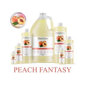 May include: A collection of Plant Guru peach fragrance products in various sizes, including a gallon jug and smaller bottles. Each container features a label with a peach graphic and the words "Peach Fantasy". The image includes a peach illustration.
