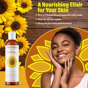 K&ouml;nnte beinhalten: Eine durchsichtige Glasflasche mit Plant Guru 100% reinem & nat&uuml;rlichem Sonnenblumen&ouml;l. Die Flasche hat ein gr&uuml;nes Etikett mit einer Sonnenblumengrafik und dem Text "Plant Guru" und "Sunflower Oil". Die Flasche steht auf einer Holzoberfl&auml;che mit einer Sonnenblumengrafik im Hintergrund. Der Text "A Nourishing Elixir for Your Skin" ist in schwarzer Schrift auf gelbem Hintergrund geschrieben. Der Text "Rich in Vitamin E and essential fatty acids", "Ideal for all skin types", und "Reduces fine lines and wrinkles" ist in schwarzer Schrift auf wei&szlig;em Hintergrund geschrieben.