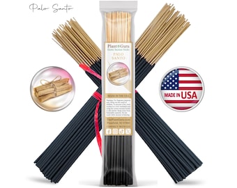 May include: Three bundles of Palo Santo incense sticks. One central bundle is in a clear plastic sleeve labeled Plant Guru Palo Santo Made in the USA. Two bundles are crossed behind it, tied with red ribbon. Includes a circular image of wood sticks.