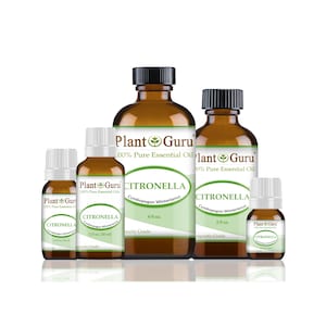 May include: A collection of amber glass bottles of citronella essential oil, labeled with the brand "Plant Guru." The bottles vary in size, with white labels and green accents. The labels include the name "Citronella" and the botanical name "Cymbopogon Winterianus."
