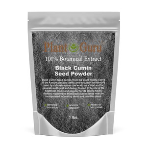 May include: A silver pouch of black cumin seed powder. The package reads "Plant Guru" and "100% Botanical Extract." Text on the package describes the benefits of black cumin seed. The package weighs 1 lb.
