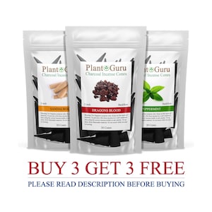 May include: Three sealed bags of Plant Guru charcoal incense cones. The bags feature labels with the scents Sandalwood, Dragons Blood, and Peppermint. Each bag contains 30 cones, and the cones are 2 inches in length.