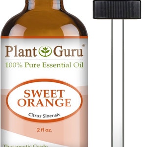 May include: A brown glass bottle of Plant Guru Sweet Orange essential oil with a black cap and a dropper. The label reads "100% Pure Essential Oil" and "2 fl oz."