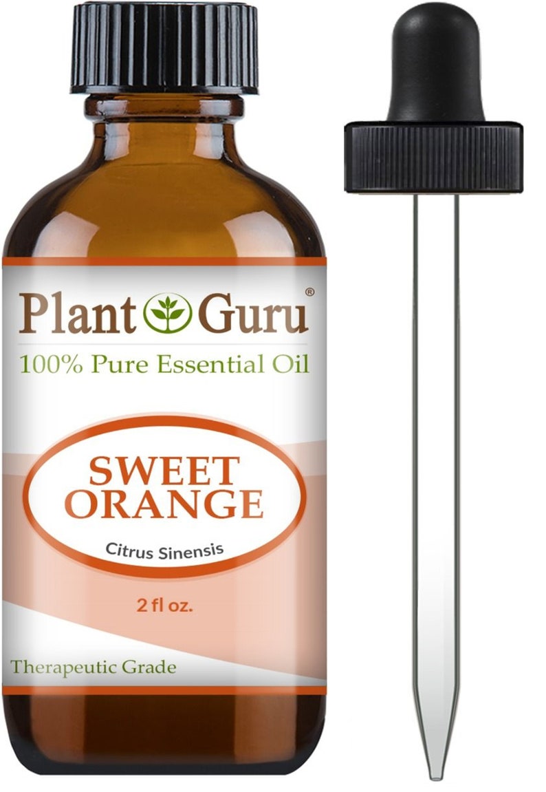 May include: A brown glass bottle of Plant Guru Sweet Orange essential oil with a black cap and a dropper. The label reads "100% Pure Essential Oil" and "2 fl oz."