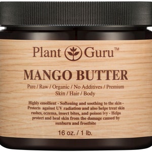 May include: A brown jar with a wooden label that reads "Plant Guru&trade; Mango Butter Pure/Raw/Organic/No Additives/Premium Skin/Hair/Body". The label also includes the text "Highly emollient - Softening and soothing to the skin - Protects against UV radiation and also helps treat skin rashes, eczema, insect bites, and poison ivy - Helps protect and heal skin from the damage caused by sunburn and frostbite 16 oz./1 lb."