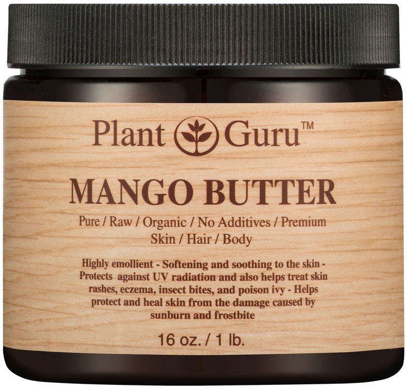 May include: A brown jar with a wooden label that reads "Plant Guru&trade; Mango Butter Pure/Raw/Organic/No Additives/Premium Skin/Hair/Body". The label also includes the text "Highly emollient - Softening and soothing to the skin - Protects against UV radiation and also helps treat skin rashes, eczema, insect bites, and poison ivy - Helps protect and heal skin from the damage caused by sunburn and frostbite 16 oz./1 lb."