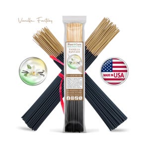 May include: A bundle of black incense sticks with tan wooden ends, packaged in a clear plastic sleeve labeled Vanilla Fantasy by Plant Guru. The packaging features a vanilla flower graphic, safety warnings, and a circular Made in the USA emblem.