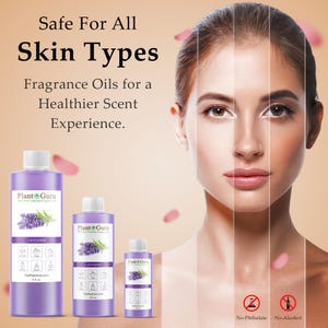K&ouml;nnte beinhalten: Drei Flaschen Lavendel-Duft&ouml;l von Plant Guru, mit dem Text "Safe For All Skin Types". Die lila Flaschen haben wei&szlig;e Etiketten und einen Lavendelzweig. Das Bild zeigt auch ein Frauen-Gesicht und Symbole, die darauf hinweisen, dass das Produkt phthalat- und alkoholfrei ist.