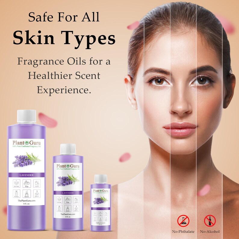 K&ouml;nnte beinhalten: Drei Flaschen Lavendel-Duft&ouml;l von Plant Guru, mit dem Text "Safe For All Skin Types". Die lila Flaschen haben wei&szlig;e Etiketten und einen Lavendelzweig. Das Bild zeigt auch ein Frauen-Gesicht und Symbole, die darauf hinweisen, dass das Produkt phthalat- und alkoholfrei ist.