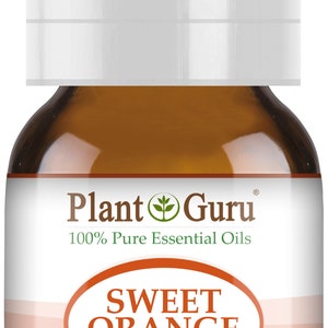 May include: A brown glass bottle of Plant Guru Sweet Orange essential oil. The label includes the text "100% Pure Essential Oils" and "Sweet Orange, Citrus Sinensis". The bottle contains 5ml of oil.