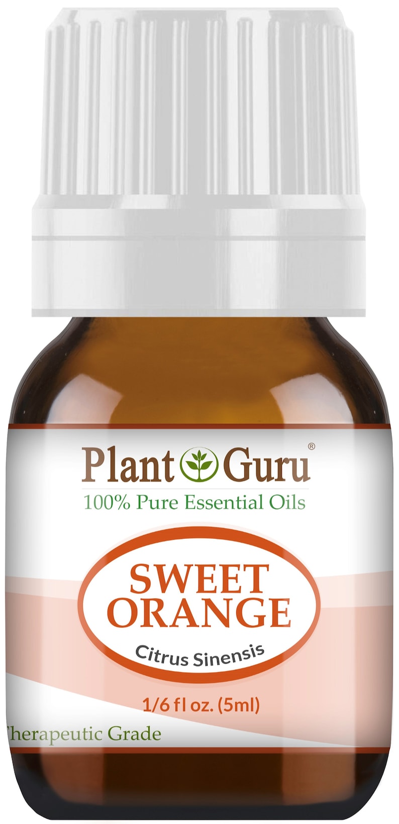 May include: A brown glass bottle of Plant Guru Sweet Orange essential oil. The label includes the text "100% Pure Essential Oils" and "Sweet Orange, Citrus Sinensis". The bottle contains 5ml of oil.