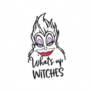 May include: Black and white line art illustration of Ursula from Disney's The Little Mermaid. Ursula has a mischievous expression and is wearing a purple bra. The text "What's up Witches" is below her.