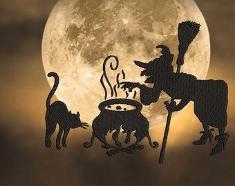 Macchina da ricamo Strega di Halloween, Strega di Halloween ITH, Strega e gatto da ricamo, Silhouette di strega, Silhouette di Halloween