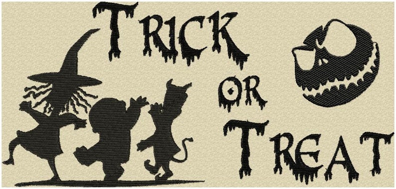 以下が含まれることがあります： 魔女、幽霊、悪魔のシルエットイラストで、文字は「Trick or Treat」と滴るようなフォントで書かれています。右上の隅には、ジャック・スケリントンの笑顔のシルエットがあります。