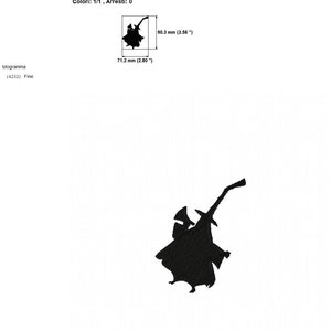 Op de afbeelding: Zwart silhouet borduurontwerp van een heks met een lange puntige hoed en een bezem. Het ontwerp is 71,2 mm bij 90,3 mm.
