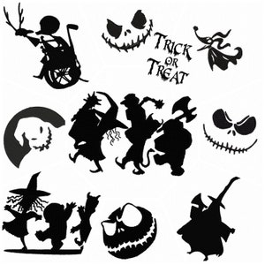 Op de afbeelding: Zwart-witte silhouetbeelden van personages uit de film Nightmare Before Christmas. De afbeeldingen omvatten Jack Skellington, Sally, Oogie Boogie en Zero. De tekst "Trick or Treat" is ook inbegrepen.