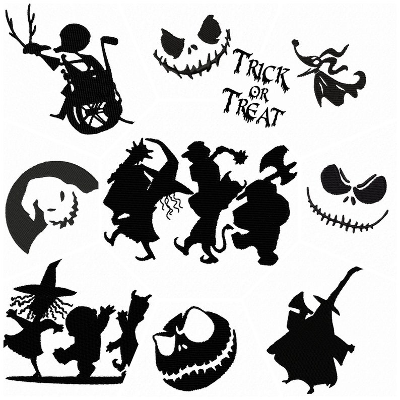 Op de afbeelding: Zwart-witte silhouetbeelden van personages uit de film Nightmare Before Christmas. De afbeeldingen omvatten Jack Skellington, Sally, Oogie Boogie en Zero. De tekst "Trick or Treat" is ook inbegrepen.