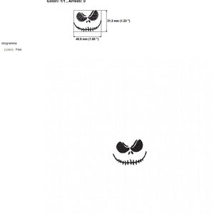 Op de afbeelding: Zwart-wit borduurontwerp van Jack Skellingtons gezicht uit de film The Nightmare Before Christmas. Het ontwerp is 40,6 mm bij 31,2 mm.