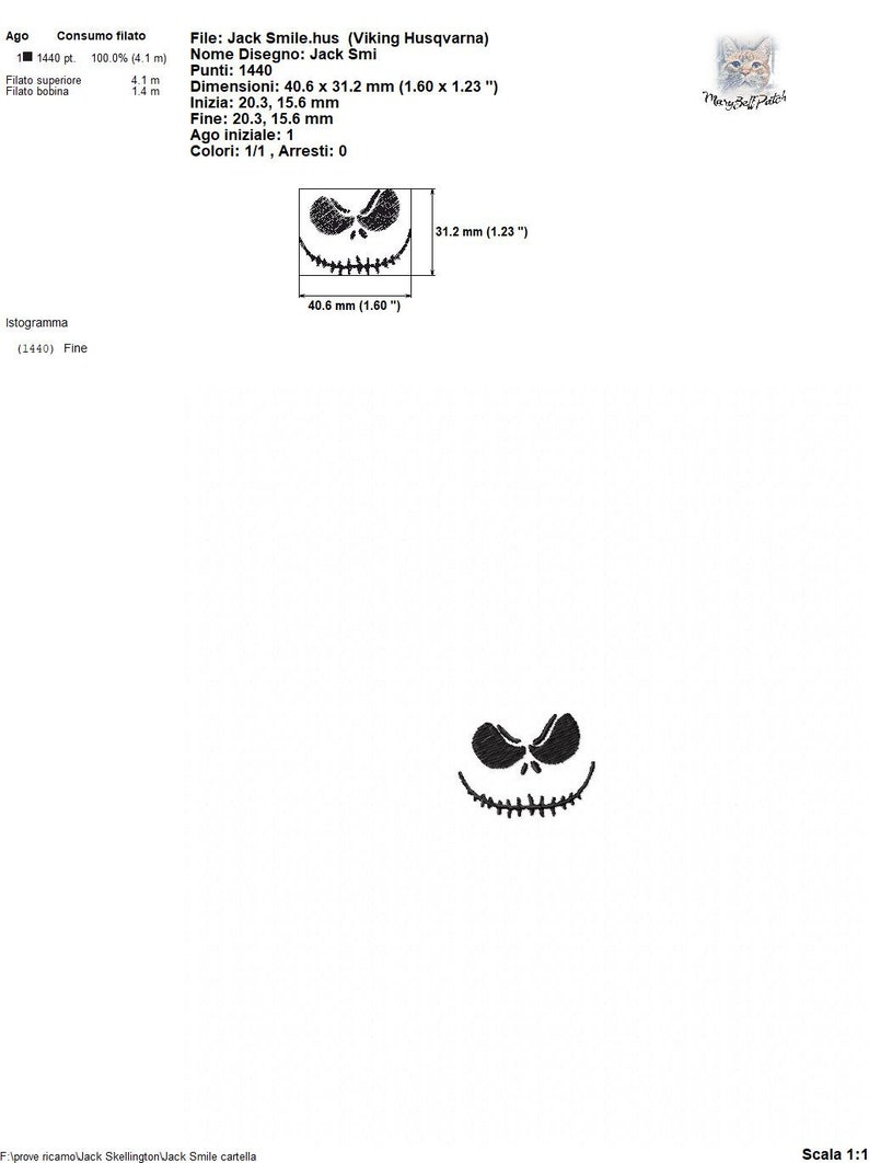 Op de afbeelding: Zwart-wit borduurontwerp van Jack Skellingtons gezicht uit de film The Nightmare Before Christmas. Het ontwerp is 40,6 mm bij 31,2 mm.