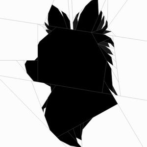 May include: A black silhouette of a dog head in profile, constructed from geometric shapes and sharp angles. The design features pointed ears and a snout, set against a white background with thin, intersecting lines forming a mosaic pattern.