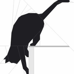 Könnte beinhalten: Eine schwarze Katzen-Silhouette, dargestellt in einem geometrischen Stil, beugt sich von einem grauen Sims nach unten. Der Körper der Katze ist eine durchgehend schwarze Form, mit einem langen Schwanz und einem nach unten gerichteten Blick. Der Hintergrund ist weiß mit grauen Linien.